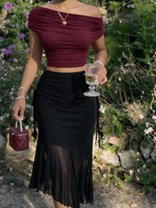 SHEIN MOD 女款黑色網紗不對稱下擺裙，時尚飄逸，附抽褶腰帶，適合休閒穿著，萬聖節半長洋裝 - 黑色 - 查看 2