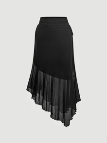 SHEIN MOD 女款黑色網紗不對稱下擺裙，時尚飄逸，附抽褶腰帶，適合休閒穿著，萬聖節半長洋裝 - 黑色 - 查看 3
