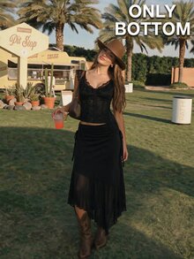SHEIN MOD 女款黑色網紗不對稱下擺裙，時尚飄逸，附抽褶腰帶，適合休閒穿著，萬聖節半長洋裝 - 黑色 - 查看 1
