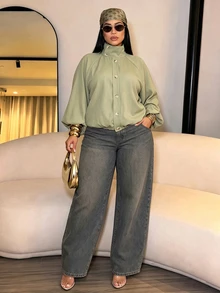 SOLERSUN 大尺碼女款極簡優雅商務休閒修身立領燈籠袖輕量飛行夾克 秋季辦公正式綠色 - 綠色 - 查看 3