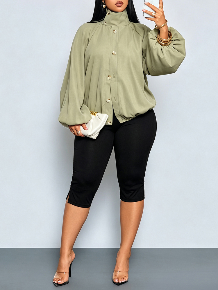 SOLERSUN Plus Size Women's Minimalist Elegant Business Casual Silhouette Stand Collar Lantern Sleeve Lightweight Flight Jacket Autumn Office Formal Green - Green - View 2