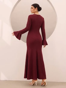 Graceveil Gaun Mermaid Elegan Tekstur Jacquard Lengan Flare Pinggang Cekung untuk Makan Malam Musim Gugur Warna Burgundy - Merah - View 3