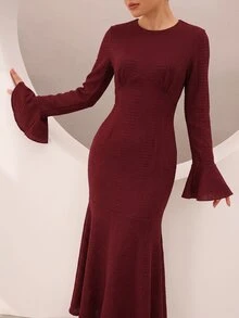 Graceveil Gaun Mermaid Elegan Tekstur Jacquard Lengan Flare Pinggang Cekung untuk Makan Malam Musim Gugur Warna Burgundy - Merah - View 9