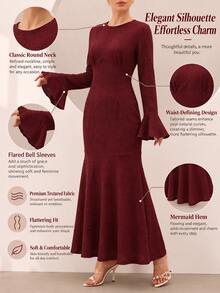 Graceveil Gaun Mermaid Elegan Tekstur Jacquard Lengan Flare Pinggang Cekung untuk Makan Malam Musim Gugur Warna Burgundy - Merah - View 4