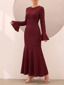 Graceveil Gaun Mermaid Elegan Tekstur Jacquard Lengan Flare Pinggang Cekung untuk Makan Malam Musim Gugur Warna Burgundy - Merah - View 8