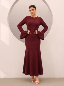 Graceveil Gaun Mermaid Elegan Tekstur Jacquard Lengan Flare Pinggang Cekung untuk Makan Malam Musim Gugur Warna Burgundy - Merah - View 6
