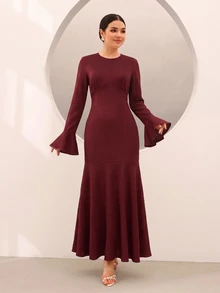 Graceveil Gaun Mermaid Elegan Tekstur Jacquard Lengan Flare Pinggang Cekung untuk Makan Malam Musim Gugur Warna Burgundy - Merah - View 5