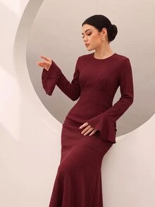 Graceveil Gaun Mermaid Elegan Tekstur Jacquard Lengan Flare Pinggang Cekung untuk Makan Malam Musim Gugur Warna Burgundy - Merah - View 7