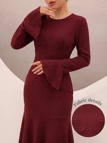 Graceveil Gaun Mermaid Elegan Tekstur Jacquard Lengan Flare Pinggang Cekung untuk Makan Malam Musim Gugur Warna Burgundy - Merah - View 2