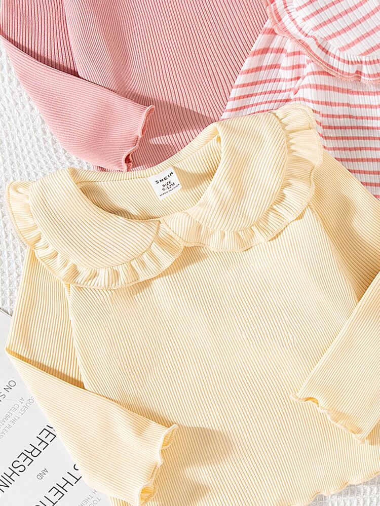 SHEIN 3pcs Baby Girls Elegant Peter Pan Collar Striped Long Sleeve T-Shirt, Cute & Fashionable For Outdoor, Vacation, All Seasons Fall Winter - Multicolor - View 7