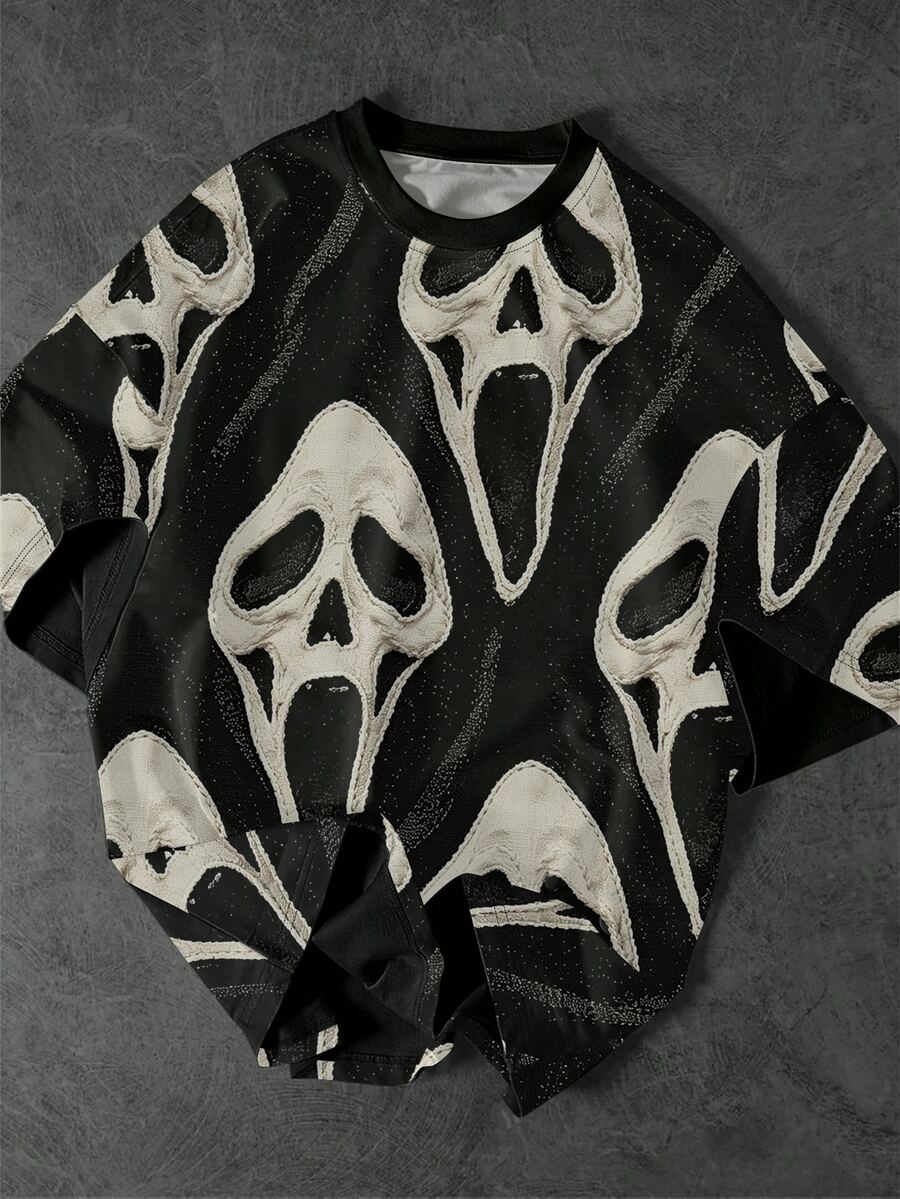 Resyla Halloween Round Neck Short Sleeve Ghost Face Print Plus Size Men's T-Shirt - Multicolor - View 1