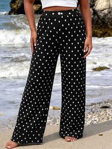 SHEIN Clasi Plus Size Women's Heart Print Pleated Straight Leg Pants Date Night Formal Black And White Autumn Cute Casual - Black - View 7