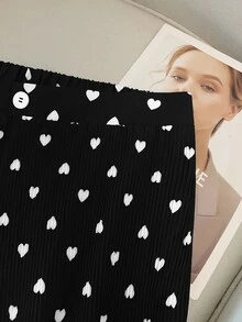 SHEIN Clasi Plus Size Women's Heart Print Pleated Straight Leg Pants Date Night Formal Black And White Autumn Cute Casual - Black - View 4