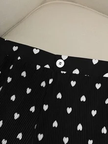 SHEIN Clasi Plus Size Women's Heart Print Pleated Straight Leg Pants Date Night Formal Black And White Autumn Cute Casual - Black - View 5