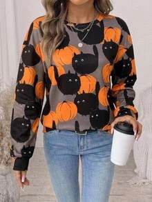 EMERY ROSE Plus Size Women Autumn/Winter Country Casual Vacation Holiday Pumpkin Print Sweatshirt Top Halloween,Going Out Outfits,Fall Clothes,Concert,Holiday - Multicolor - View 13