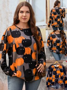 EMERY ROSE Plus Size Women Autumn/Winter Country Casual Vacation Holiday Pumpkin Print Sweatshirt Top Halloween,Going Out Outfits,Fall Clothes,Concert,Holiday - Multicolor - View 1