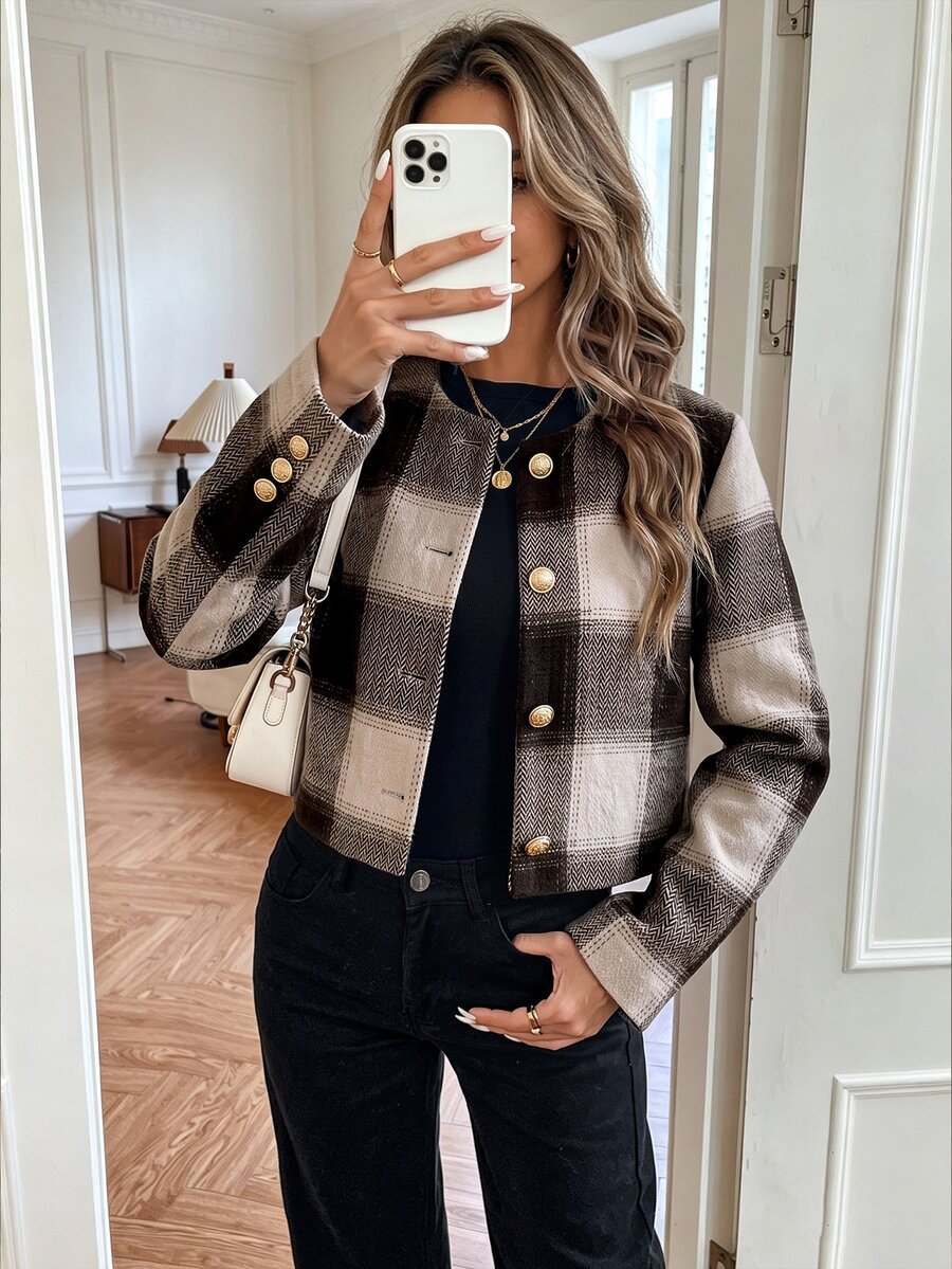 Selianne 女款秋冬時尚格紋布料圓領短版長袖休閒外出通勤高級版型夾克 - 棕色 - 查看 1