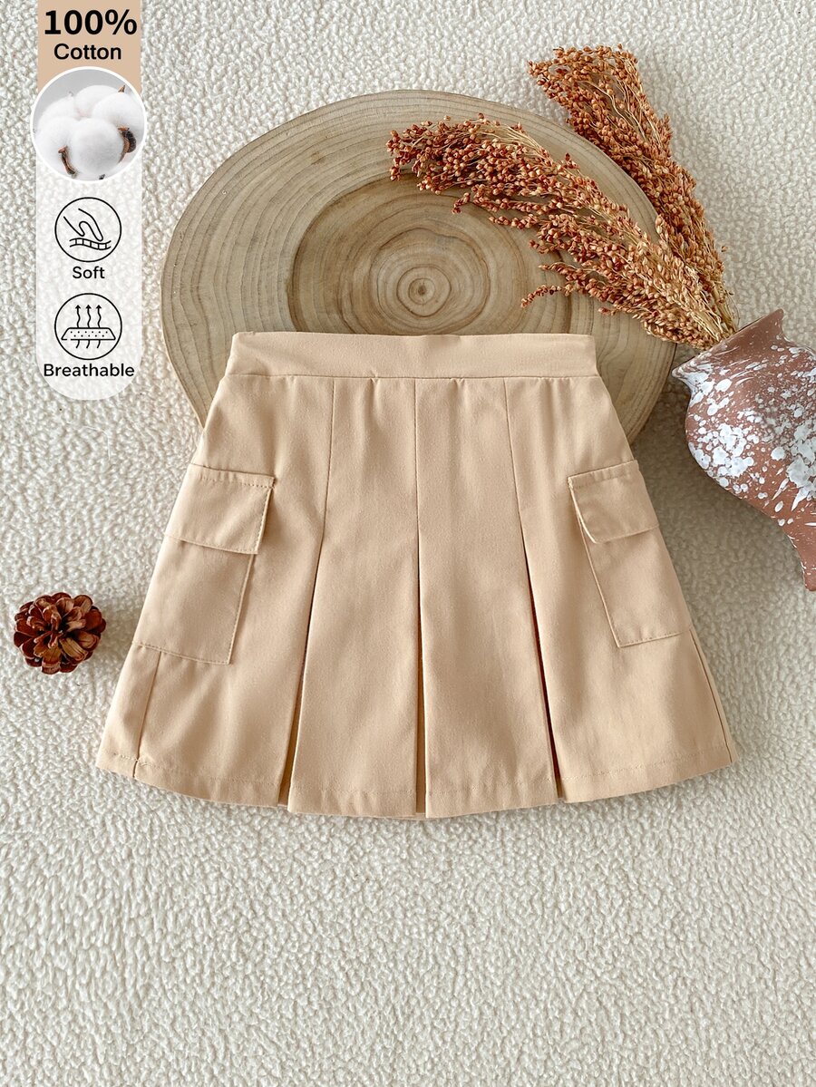 SHEIN Girls 4-7 Years Old Khaki Skirt, Autumn/Winter, College Style, Urban Style, Comfortable, Versatile, Suitable For Autumn/Spring, Suitable For Outings, School And Other Occasions