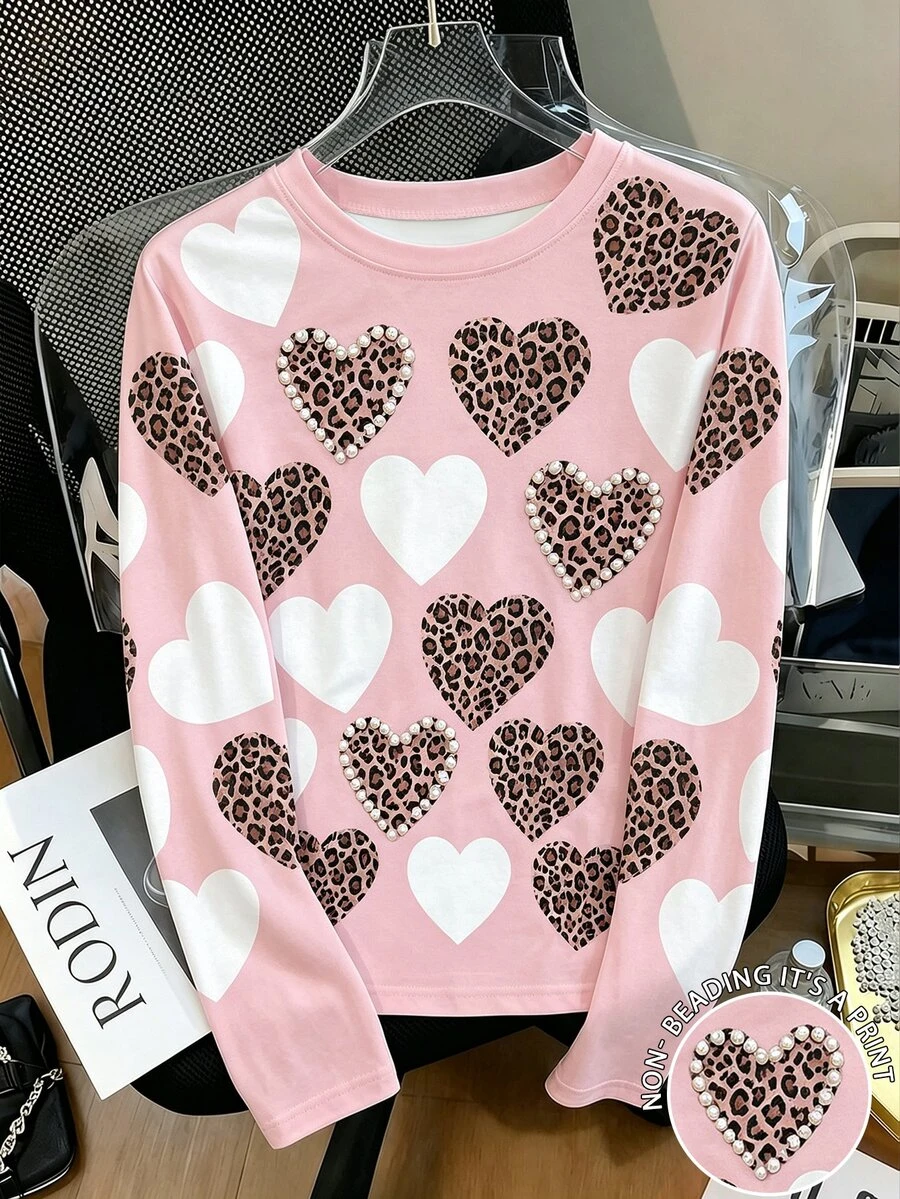 Resyla Women's Long Sleeve Leopard Print Heart Studded T-Shirt - Multicolor - View 1