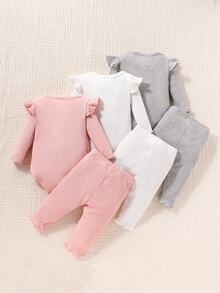 SHEIN Newborn Baby Girls Cap Sleeve Heart Embroidery Bodysuit Pants 3 Packs Outfit Set Chic Funny Cute Outfits For Autumn/Winter Family Photoshoot Pink - Multicolor - View 3