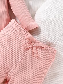 SHEIN Newborn Baby Girls Cap Sleeve Heart Embroidery Bodysuit Pants 3 Packs Outfit Set Chic Funny Cute Outfits For Autumn/Winter Family Photoshoot Pink - Multicolor - View 7