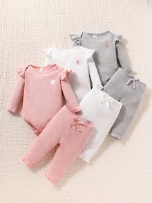 SHEIN Newborn Baby Girls Cap Sleeve Heart Embroidery Bodysuit Pants 3 Packs Outfit Set Chic Funny Cute Outfits For Autumn/Winter Family Photoshoot Pink - Multicolor - View 5