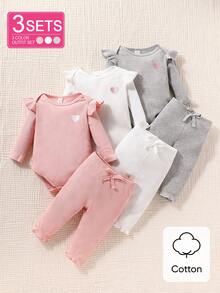 SHEIN Newborn Baby Girls Cap Sleeve Heart Embroidery Bodysuit Pants 3 Packs Outfit Set Chic Funny Cute Outfits For Autumn/Winter Family Photoshoot Pink - Multicolor - View 2