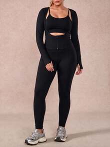 Sovereign Charm Women's Plus Size Spring/Autumn/Winter Premium Slimming Yoga Running Tennis Outdoor Brushed U-Neck Zipper Long Sleeve Sports Top Fall - Black - View 11