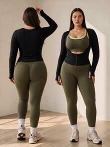 Sovereign Charm Women's Plus Size Spring/Autumn/Winter Premium Slimming Yoga Running Tennis Outdoor Brushed U-Neck Zipper Long Sleeve Sports Top Fall - Black - View 5