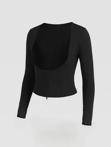 Sovereign Charm Women's Plus Size Spring/Autumn/Winter Premium Slimming Yoga Running Tennis Outdoor Brushed U-Neck Zipper Long Sleeve Sports Top Fall - Black - View 8