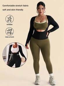 Sovereign Charm Women's Plus Size Spring/Autumn/Winter Premium Slimming Yoga Running Tennis Outdoor Brushed U-Neck Zipper Long Sleeve Sports Top Fall - Black - View 4