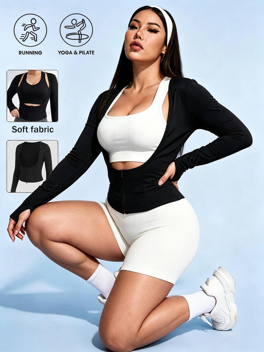 Sovereign Charm Women's Plus Size Spring/Autumn/Winter Premium Slimming Yoga Running Tennis Outdoor Brushed U-Neck Zipper Long Sleeve Sports Top Fall - Black - View 1