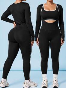 Sovereign Charm Women's Plus Size Spring/Autumn/Winter Premium Slimming Yoga Running Tennis Outdoor Brushed U-Neck Zipper Long Sleeve Sports Top Fall - Black - View 6