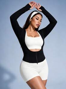 Sovereign Charm Women's Plus Size Spring/Autumn/Winter Premium Slimming Yoga Running Tennis Outdoor Brushed U-Neck Zipper Long Sleeve Sports Top Fall - Black - View 3