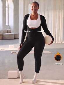 Sovereign Charm Women's Plus Size Spring/Autumn/Winter Premium Slimming Yoga Running Tennis Outdoor Brushed U-Neck Zipper Long Sleeve Sports Top Fall - Black - View 9
