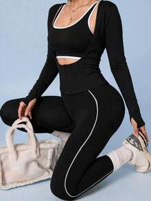 Sovereign Charm Women's Plus Size Spring/Autumn/Winter Premium Slimming Yoga Running Tennis Outdoor Brushed U-Neck Zipper Long Sleeve Sports Top Fall - Black - View 7