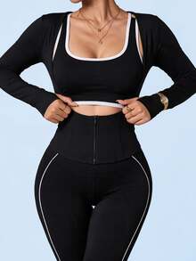 Sovereign Charm Women's Plus Size Spring/Autumn/Winter Premium Slimming Yoga Running Tennis Outdoor Brushed U-Neck Zipper Long Sleeve Sports Top Fall - Black - View 2
