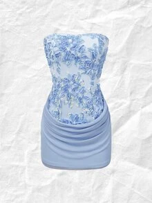 SHEIN 女款優雅性感小碼3D花卉拼接迷你抹胸洋裝，淺藍色花卉，適合海灘、夜晚外出、派對、夏季穿搭 - 藍色 - 查看 6