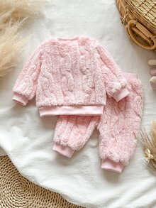 SHEIN Vintaside Kids 新生兒女嬰服裝套裝 2件組 蝴蝶結 秋冬時尚 貓咪蝴蝶印花 卡其色與炭灰色 搭配套裝 - 淺粉色 - 查看 2