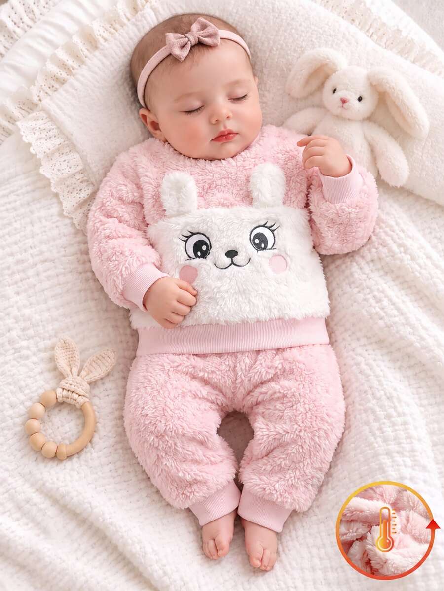 SHEIN Vintaside Kids 新生兒女嬰服裝套裝 2件組 蝴蝶結 秋冬時尚 貓咪蝴蝶印花 卡其色與炭灰色 搭配套裝 - 淺粉色 - 查看 1