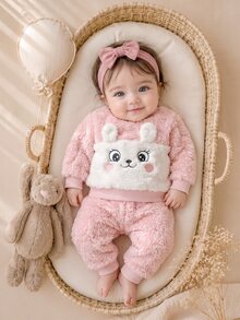 SHEIN Vintaside Kids 新生兒女嬰服裝套裝 2件組 蝴蝶結 秋冬時尚 貓咪蝴蝶印花 卡其色與炭灰色 搭配套裝 - 淺粉色 - 查看 4