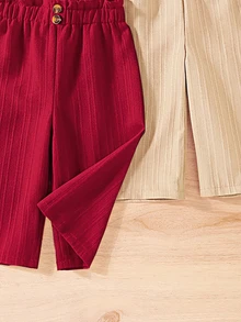 SHEIN Vintaside Kids 3-Piece Set Solid Color Baby Girl Casual Simple Comfortable Versatile Button Wide-Leg Pants Daily Wear Spring Autumn Outdoor Black Brown Red - Multicolor - View 4
