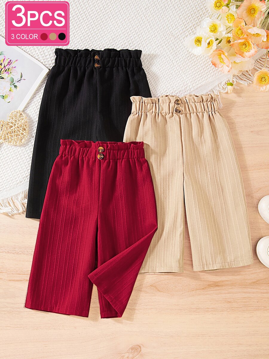 SHEIN Vintaside Kids 3-Piece Set Solid Color Baby Girl Casual Simple Comfortable Versatile Button Wide-Leg Pants Daily Wear Spring Autumn Outdoor Black Brown Red