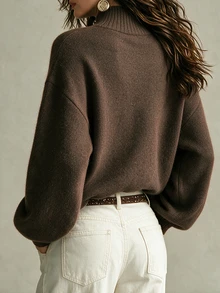 SHEIN Fall Casual Half Turtleneck Wrap Seam Oversized Bishop Sleeve Knit Sweater - Brown - View 2