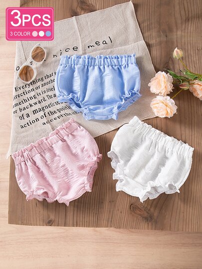SHEIN Vintaside Kids 3件組女嬰夏季可愛淺粉色白色米色短褲套裝 極簡寬鬆版型 柔和色調 沙灘短褲 戶外舒適 派對場合