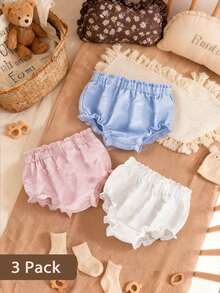 SHEIN Vintaside Kids 3件組女嬰夏季可愛淺粉色白色米色短褲套裝 極簡寬鬆版型 柔和色調 沙灘短褲 戶外舒適 派對場合 - 彩色 - 查看 6