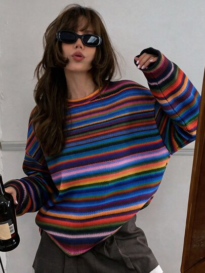 SHEIN Unity Women's Autumn Winter Dopamine Retro Vintage 70s Casual Red Striped Gradient Striped Knit Textured Loose Wide Sleeve Street Style Crew Neck Sweatshirt