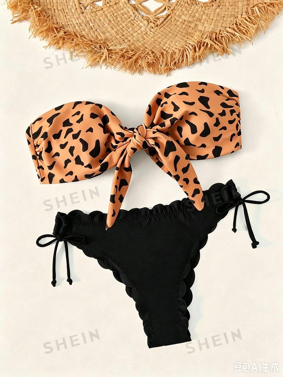 SHEIN Swim Basics 女士泳衣 夏季海滩图案印花前结式抹胸比基尼套装 - 彩色 - 查看 1