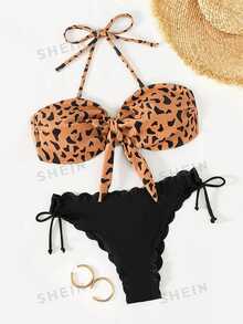SHEIN Swim Basics 女士泳衣 夏季海滩图案印花前结式抹胸比基尼套装 - 彩色 - 查看 3