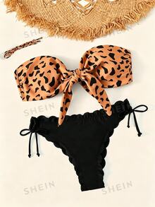 SHEIN Swim Basics 女士泳衣 夏季海滩图案印花前结式抹胸比基尼套装 - 彩色 - 查看 4